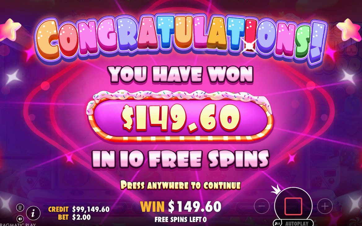 Win screen after a cluster pays on the 7x7 grid